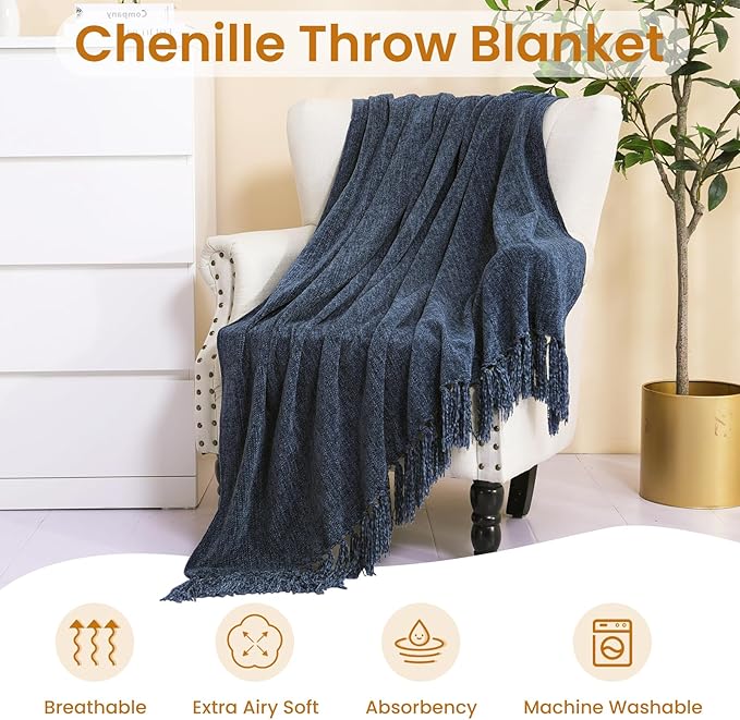 Navy Chenille Throw Blanket for Couch Bed，Soft Cozy Throw Blanket with Handmade Fringe, Decorative Blanket for Sofa Chair Living Room for Gift,Navy 50" x 60"