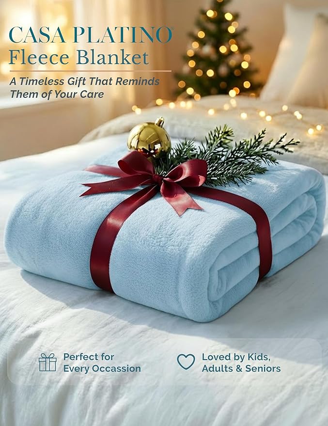 Casa Platino Fleece Blanket King Size – 300 GSM Light Blue Fleece Throw for Bed or Couch – Soft Cozy Warm Holiday Bed Blanket for Winter, Fuzzy Plush Elegant Gifts for Men & Women - 108x90 Inch