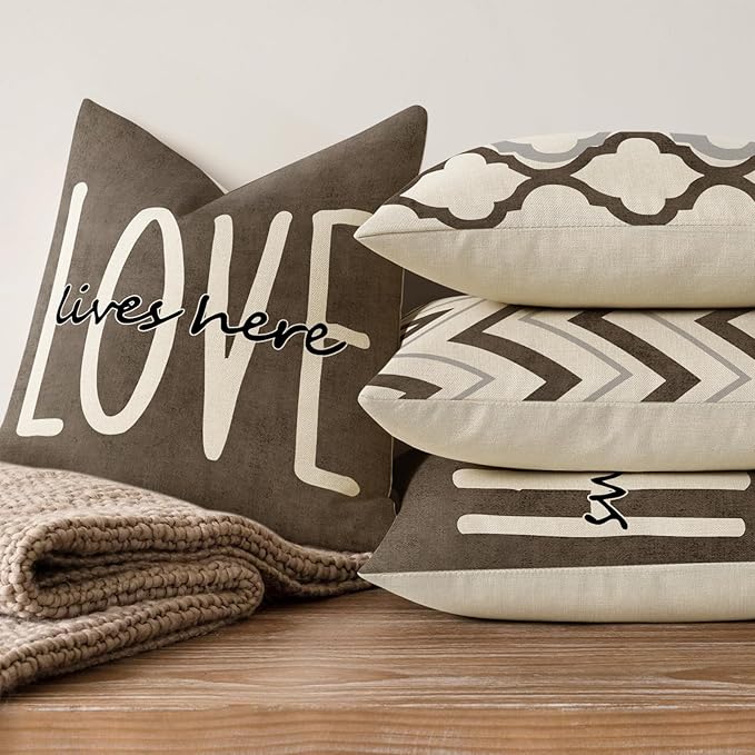 YCOLL Farmhouse Pillow Covers 18x18 Set of 4 Throw Pillow Covers Rustic Linen Decorative Pillows Square Cushion Covers for Couch Sofa Bedroom Home Decor