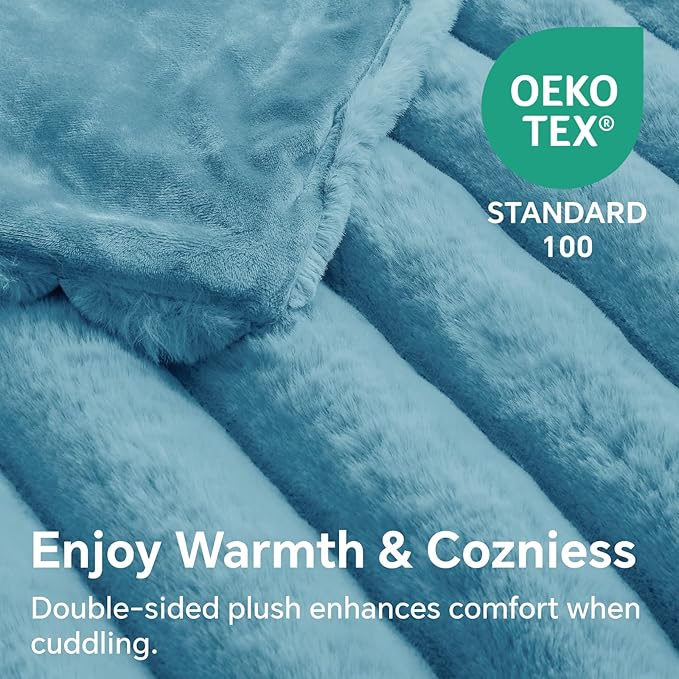 BEDELITE Faux Rabbit Fur Blanket, Luxurious 3D Striped Winter Blanket for Decor & Gift, Soft and Warm Plush Blue Fluffy Faux Fur Throw Blanket All Seasons Suitable, (Light Blue, 50"x 60")