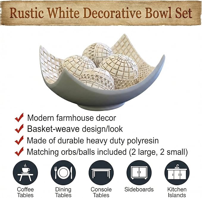 Seraphic 5pc Scoop Bowl Table Centerpieces for Dining Room, Large Decorative Bowls for Coffee Table Decor, Kitchen, Orbs/Balls Included, 14" diagonal. 11" wide and 5.75" tall, White