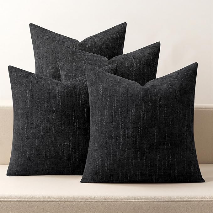 MIULEE Pack of 4 Decorative Throw Pillow Covers 18x18 Inch Black Chenille Textured Throw Pillows Boho Farmhouse Accent Cushion Covers for Modern Home Decor Couch Sofa Bed Living Room