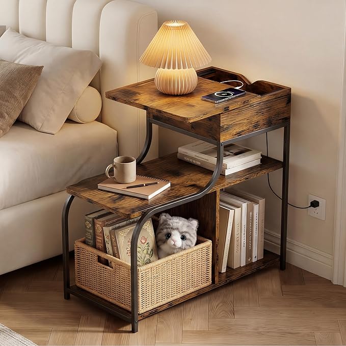 End Table with Charging Station, 3-Tier Sofa Side Table Sliding Top for Living Room, Bedside Table with Storage, Modern Curved Frame Accent Sofa Nightstand for Small Spaces Apartment, Black & Brown