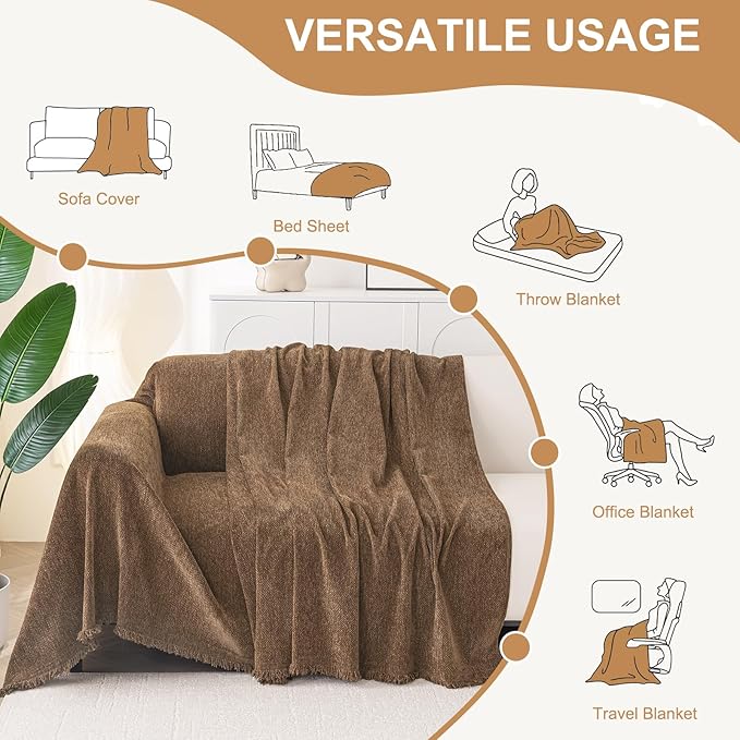 Smiry Couch Cover for Dogs, Washable Chenille Sofa Covers for 3 Cushion Couch, Soft Sofa Slipcover for Pets, Thick Sectional Furniture Protector with Tassels (Chocolate, 88.5x118 Inch)
