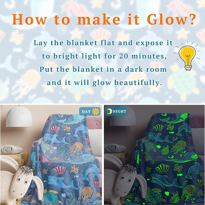 Glow in The Dark Ocean Blanket, Luminous Sea Theme Throw Blanket, Glowing Ocean Pattern Fleece Throw, Soft Cozy Lightweight Plush Blanket for Kids Teens Adults, Easter Gifts Bedroom Couch Decor Gifts