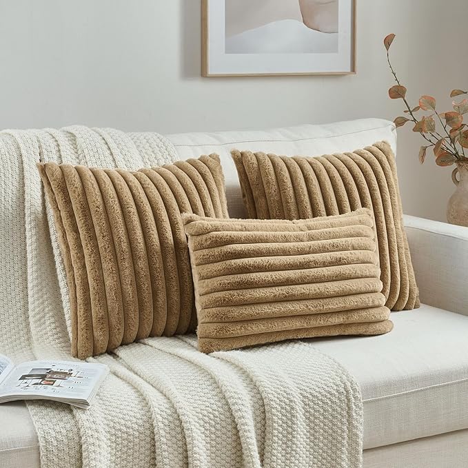 FUTEI Camel Decorative Throw Pillow Covers Set of 2, 12x20 Inch Soft Fluffy Faux Fur Plush Striped Lumbar Pillowcases, Modern Home Decor for Couch Bed Living Room