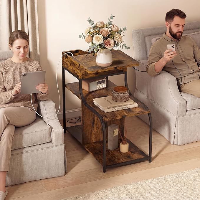 End Table with Charging Station, 3-Tier Sofa Side Table Sliding Top for Living Room, Bedside Table with Storage, Modern Curved Frame Accent Sofa Nightstand for Small Spaces Apartment, Black & Brown