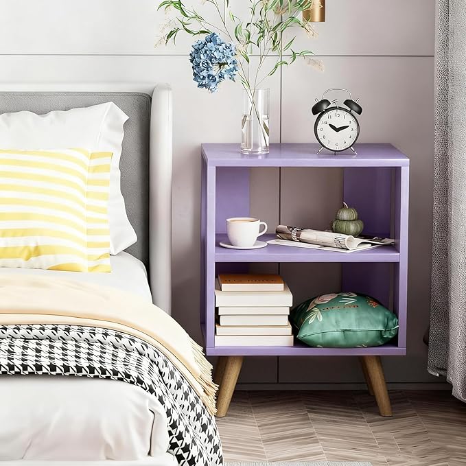 Night Stand, Purple Nightstand, Modern End Table with Open Storage, 2-Tier Wooden Bedside Table for Small Space, Living Room, Bedroom