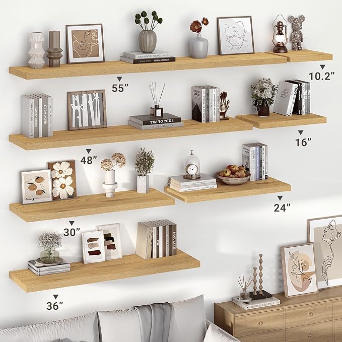 Vivelove 10" Deep Floating Shelves with Invisible Brackets, 55" Wall Shelves for Bathroom Bedroom Kitchen Living Room Laundry Room, Modern Rustic Shelves for Home Decor, 55"x10.2"x1.5", Set of 2, Oak