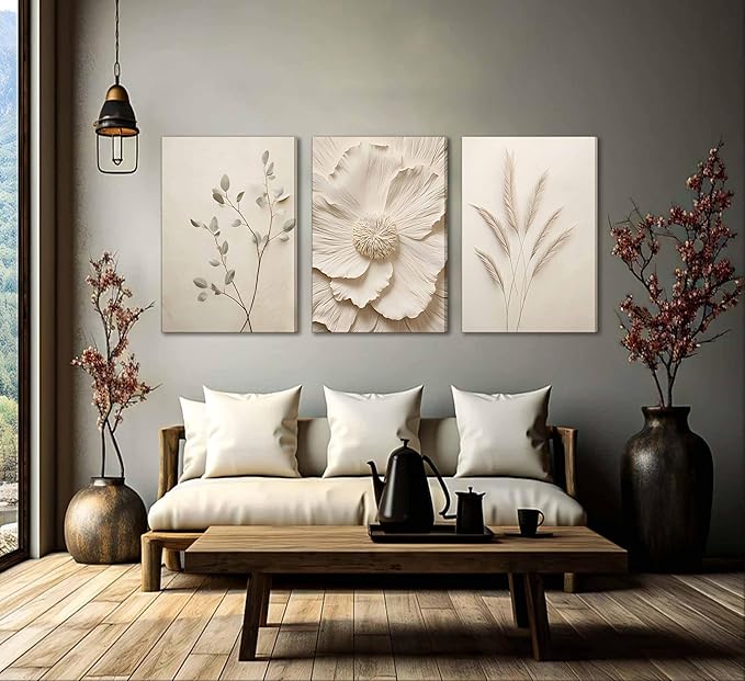 3Pcs Neutral Beige Floral Plant Canvas Wall art Textured Flower Botanical Painting Picture Wall Decor Vintage Blossom Poster Prints for Living Room Bedroom Bathroom Decoration