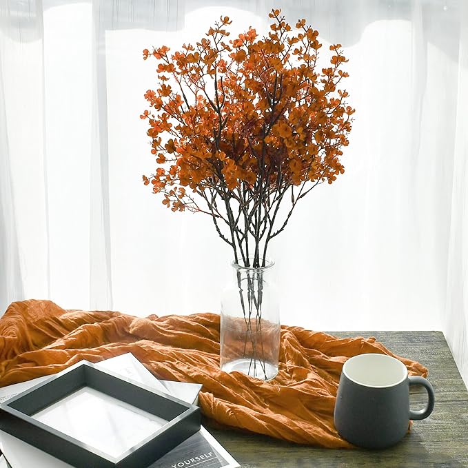 Mandy's Burnt Orange Artificial Baby’s Breath Flowers 15 Bundles Silk Gypsophila, 18.5 Inch European Style Modern Home Decor Centerpiece, Neutral Wedding Flower Arrangements