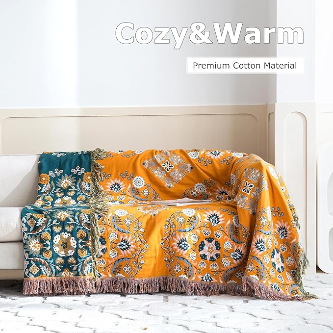 Boho Throw Blanket for Bed 100% Cotton Soft Lightweight Quilt Floral Embroidery Home Decor Spring Breathable Bed Blanket,60"x80" All Season Reversible Twin Yellow Blankets for Sofa Couch Chair