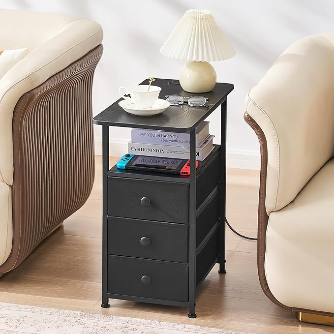 Narrow End Table with Charging Station, Narrow Side Table with 3 Fabric Drawers, Slim Nightstand with LED Light, Small Bedside Table with Storage, Living Room, Bedroom, Black HKET1303BK