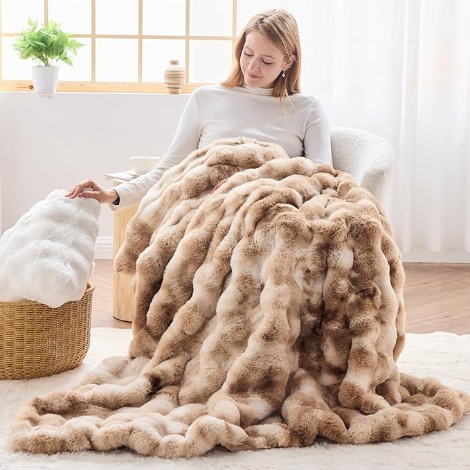 NEWCOSPLAY Faux Fur Throw Blanket Tie Dye Luxury Fluffy Thick Warm Bubble Blanket for Couch Sofa Bed 1000GSM (Tie Dye Bubble Thick, Throw(50"x60"))