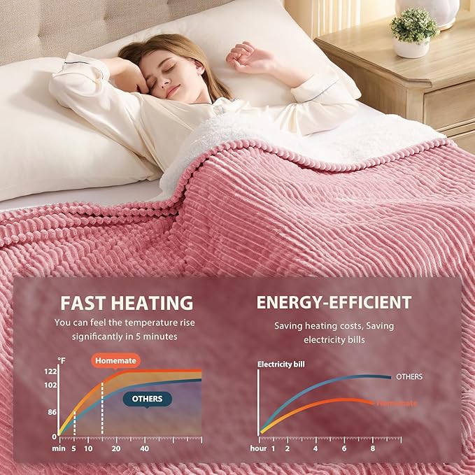 Homemate Heated Blanket Electric Throw - 50"x60" Heating Blanket Throw 1/2/4/6/8 Hours Auto-Off 10 Heat Levels Over-Heat Protection Soft Flannel Sherpa ETL Certification