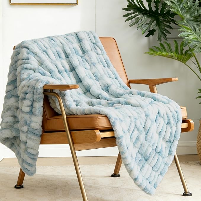 Ultra Soft Luxury Faux Fur Twin Blanket for Couch, Fuzzy Fluffy Plush Warm Cozy Ruched Blanket for Sofa Bedroom Living Room, Elegant Gift Idea for Women (60"x80",Tie-dye Freshwater Blue)
