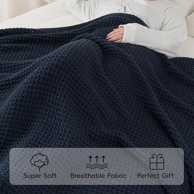 Bunnikins & Clover Navy Blue Throw Blanket for Couch, Knitted Blue Blanket Throw 50''x60'', Super Soft Waffle Navy Throws for Chair Sofa Home Decor