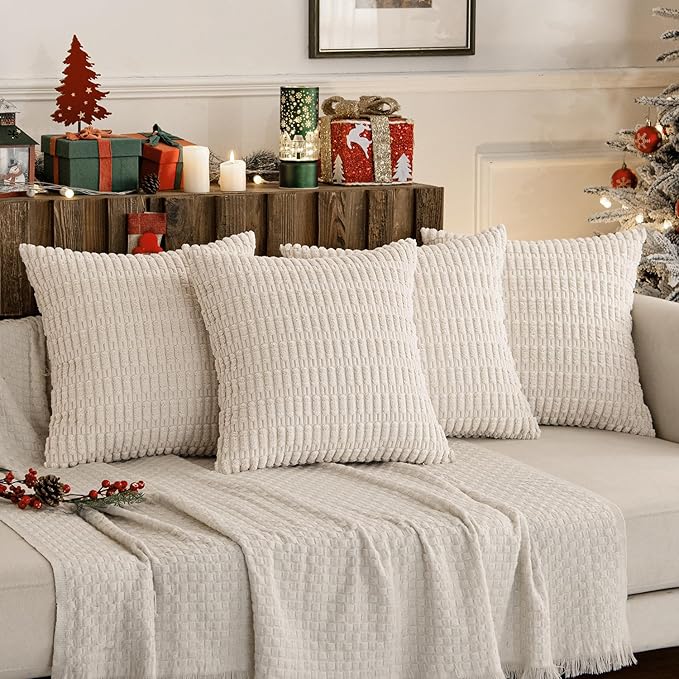 MIULEE Pack of 4 Cream White Corduroy Decorative Throw Pillow Covers 22x22 Inch Soft Boho Striped Pillow Covers Modern Farmhouse Home Decor for Sofa Living Room Couch Bed