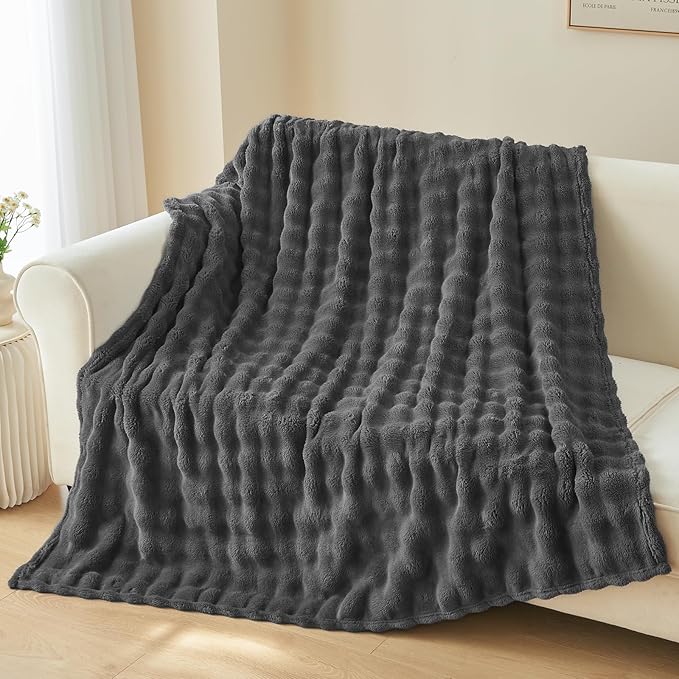 NEWCOSPLAY Throw Blanket for Couch Dark Grey Super Soft Flannel Fleece 3D Bubble Lightweight Bed Blanket All Season Use (Dark Grey, Throw(50"x60"))