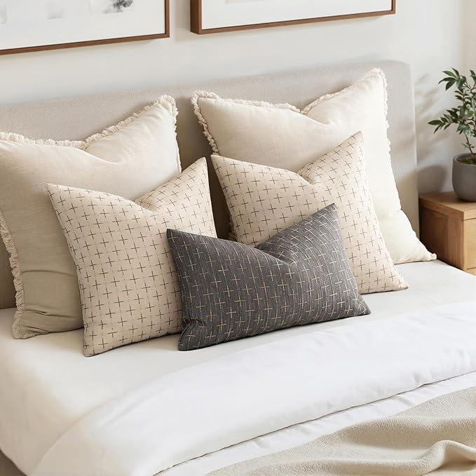 MIULEE Pack of 2 Decorative Burlap Linen Euro Sham Christmas Throw Pillow Covers for Sofa Couch Bed 24x24 Inch Modern Farmhouse Pillowcases Rustic Woven Textured Cushion Cover Beige