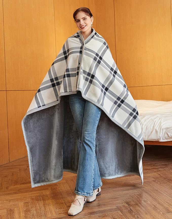 forestfish Fleece Wearable Blanket Oversized, Comfy Lightweight Lap Blanket Poncho Throw with Buttons, 63“x 55”(White)