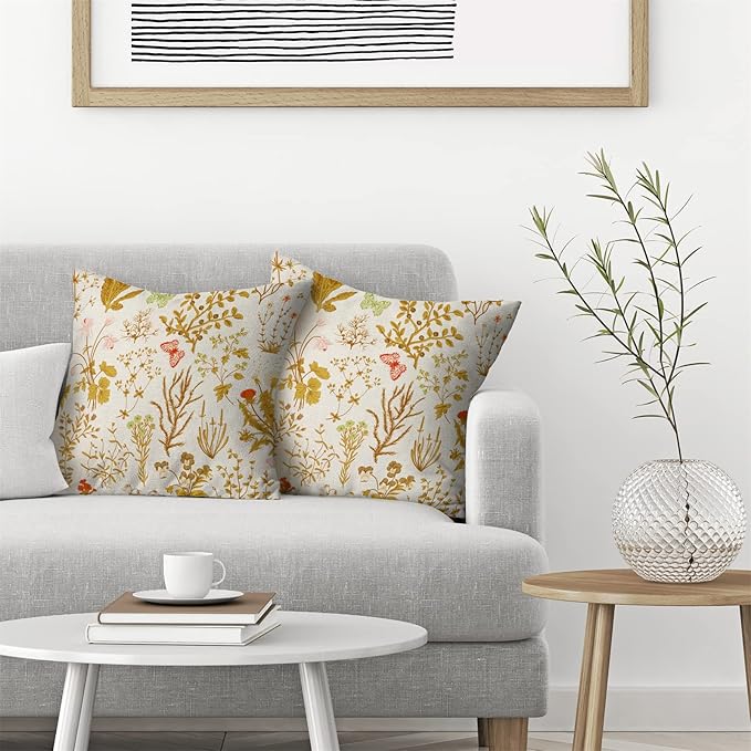 AEIOAE Summer Pillow Covers 18x18 Inch Set of 2,Yellow Wild Flower Plant Throw Pillows Case,Seasonal Floral Outdoor Decorative Square Linen Farmhouse Decor Cushion Covers for Home Sofa Bed Couch