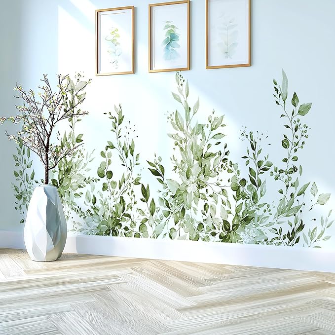 Olive Green Plants Leaves Wall Decals Peel and Stick, Large Floral Flowers Vinyl Wall Stickers, Removable Vine Home Decor Art for Bedroom Living Room Classroom Office