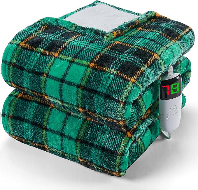 OCTROT Green Heated Blanket Electric Throw 50X60, Heating Blanket for Couch, Plaid Sherpa Winter Blankets Warmer, 10 Levels & 8-Hour Auto Off, for Mom Women, Home Decor for Couch Bed Office