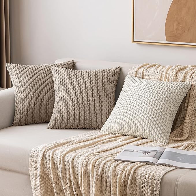 MIULEE Pack of 2 Decorative Throw Pillow Covers 16x16 Inch Soft Boho Striped Textured Corduroy Pillow Covers Modern Farmhouse Home Decor for Couch Bed Sofa Living Room Neutral Light Brown