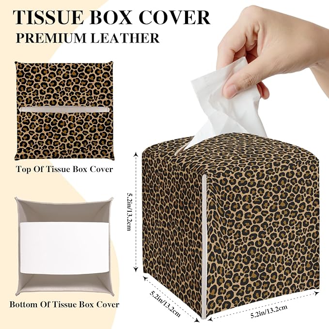 Leopard Tissue Box Cover, Modern Tissue Holder Square with Bottom Belt for Home Bathroom Office Car Nightstand Vanity Desk, Housewarming Gifts Ideas for Women Friends Mom -19