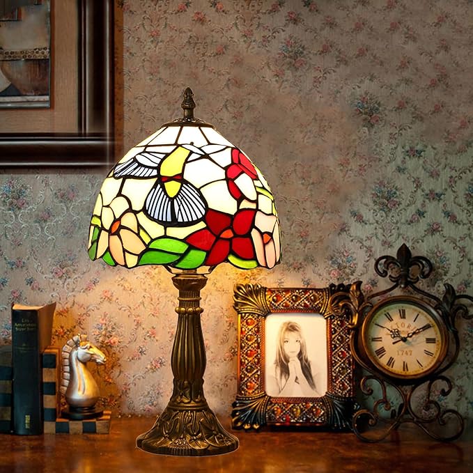 Tiffany Style Table Lamp, Hummingbird Style Stained Glass Lamp, 8 Inch Small Antique Lamp, for Bedside Nightstand Bedroom Living Room Home Office, Include LED Bulb