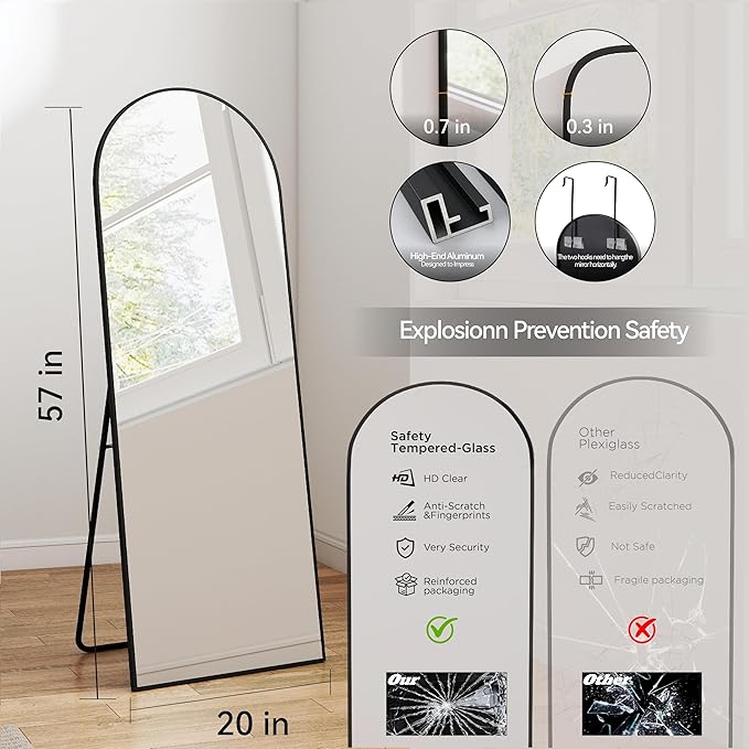 57x20 Door Hanging Full Length Mirror, Floor (Height 5.7ft just Body in1.3ft) or Wall Mounted Metal Frame Arch Dressing Mirrors for Bedroom Bathroom Living Room 57 20 inch Black