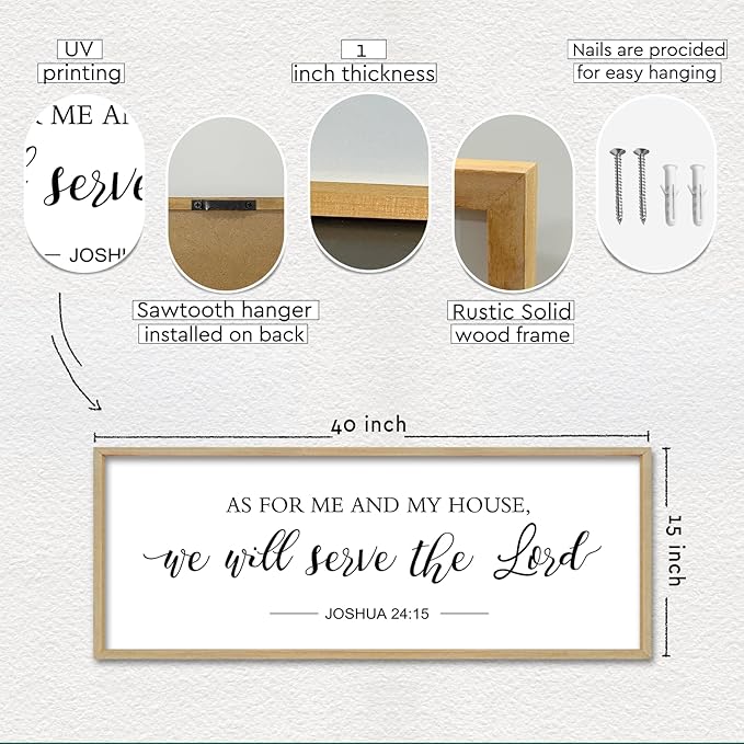 As for Me and My House We Will Serve the Lord Wall Decor 40"×15" Bible Verse Sign Christian Large Wood Framed Scripture Religious Rustic Farmhouse Wall Hanging Art (Wood)