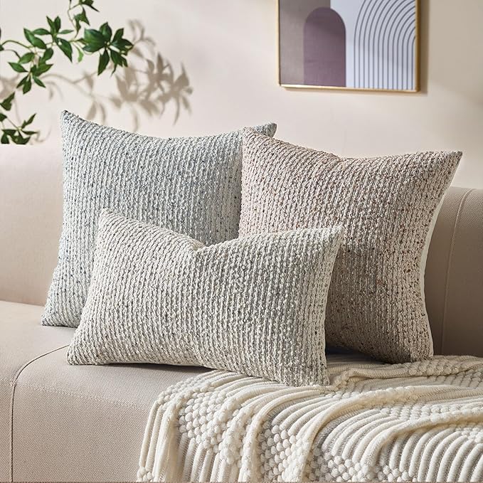 Decorative Couch Throw Pillow Covers 16x16 Set of 2 Cream Gray Striped Soft Wool Pillow Covers Neutral Textured Boho Cushion Covers for Modern Farmhouse Sofa Bedroom Living Room Decor SY012-B16