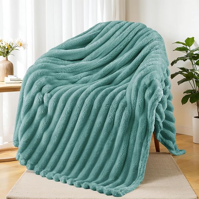 Exclusivo Mezcla Fleece Throw Blanket for Couch, Super Soft Striped Jacquard Bed Blanket, Lightweight Fuzzy Cozy for All Seasons, 50x60 Inches, Celadon