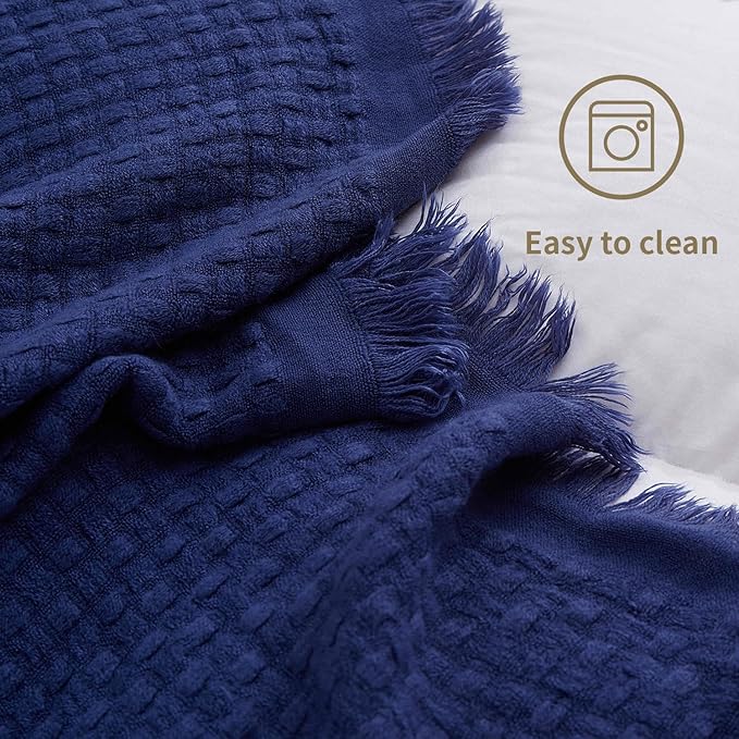 100% Acrylic Decorative Knitted Throw Blanket with Tassels for Bed, Couch, Small, Chairs, Lightweight, Soft, Cozy, Waffle Textured Blanket, Suitable for Spring, Summer, Navy, 50"x60"