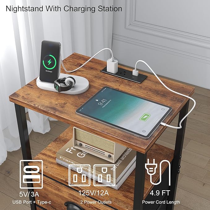 Rustic Brown Industrial Nightstand Set of 2, Bedside Table with 2 Fabric Drawers, 3-Tier Storage, LED Light, Charging Station, 11.38''D * 15.38''W* 24.75''H