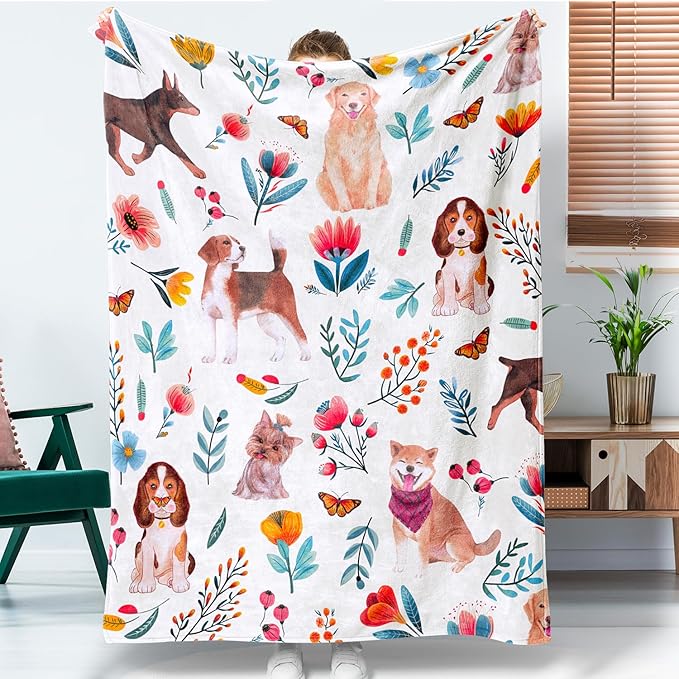 Dog Floral Flower Throw Blanket Gift for Dog Lover Blanket Dogs Themed Flannel Fleece Cozy Fuzzy Plush Throw Blankets for Home