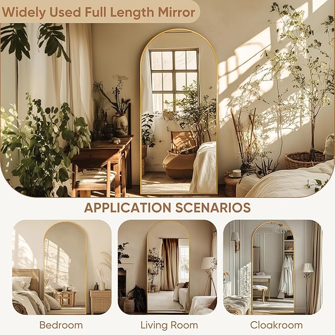 64"x21" Full Length Mirror, Arched Full Body Mirror, Standing Hanging or Leaning Floor Mirror for Bedroom and Living Room, Gold