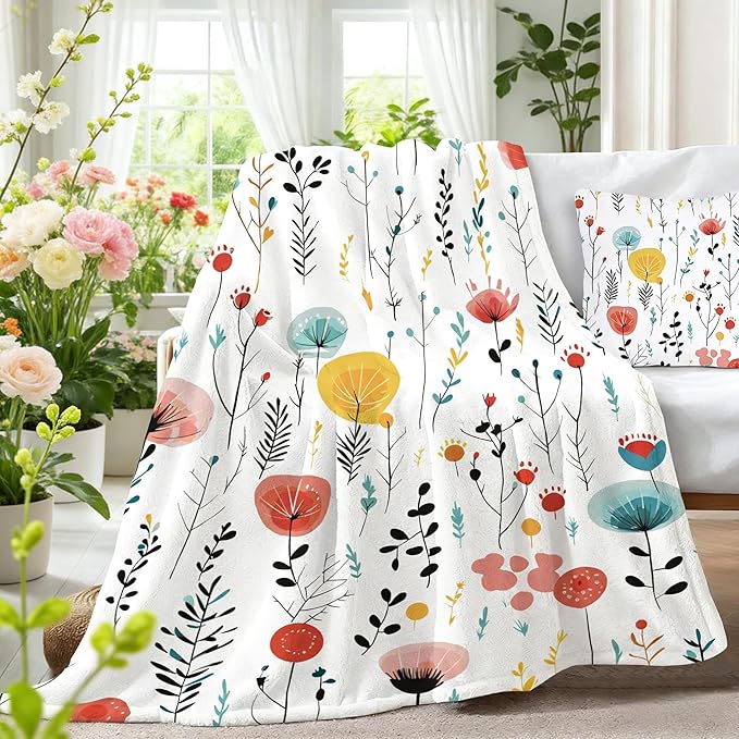 yuboo Spring Floral Throw Blanket for Couch Sofa Bed - Soft Flannel Fleece Blanket with Colorful Wildflowers, Cute Aesthetic Botanical Decor, Warm Cozy Gifts for Women Mom Girls, 50x60 Inch