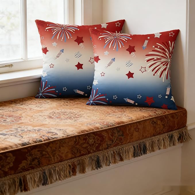 4th of July Throw Pillow Covers, Patriotic Fireworks Stars Design, Linen, 18x18 Inch, Set of 2, Farmhouse Style