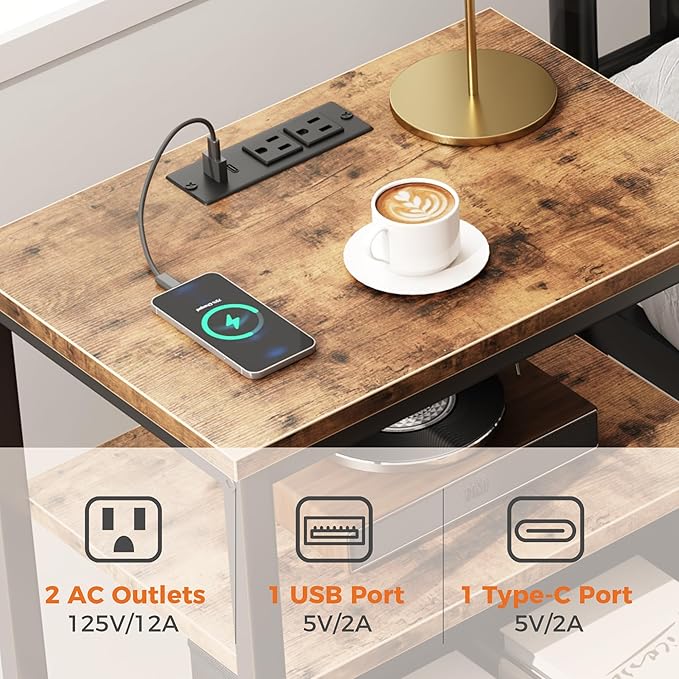 DUMOS Bedside Table with Charging Station and Adjustable Fabric Drawer Compact Nightstand 3-Tier Storage Organizer End Table for Bedroom,Brown
