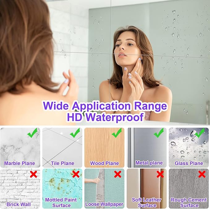 JUNEBRUSHS 8 Pack Self Adhesive Acrylic Mirror, 6X 9 Inch Mirror Tiles,Flexible Plastic Sheets Wall Stickers,2MM Thick Mirrors,Frameless Small Mirrors