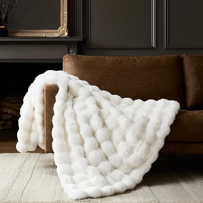 WDCOZY Luxury Ivory Bubble Throw Blanket, Cream White Faux Fur Mink Plush Throw for Couch, Sofa and Bed, Soft Fluffy Fuzzy Furry Cozy Blanket, Thick and Warm, 60x80 inches