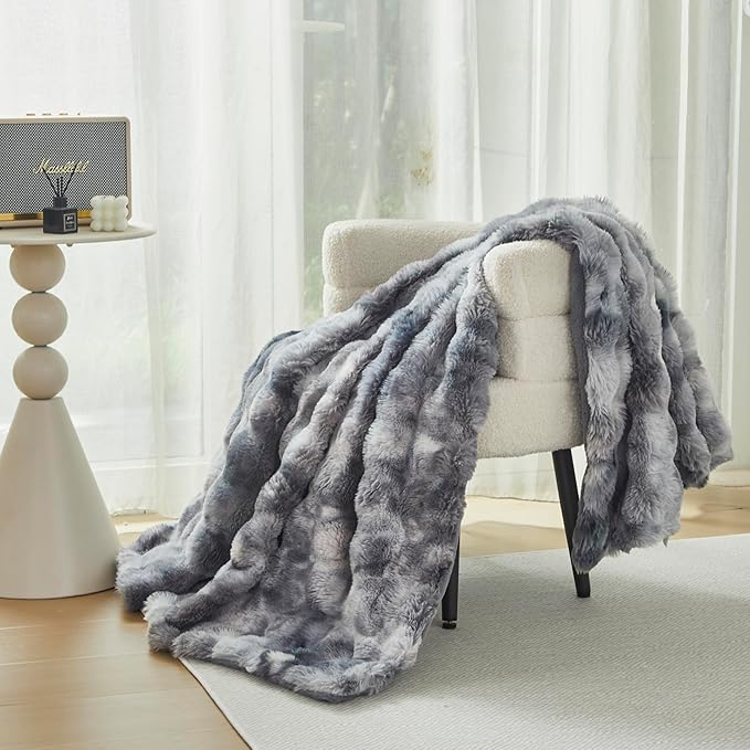 Faux Fur Throw Blanket for Couch Cozy Fuzzy Soft Plush Thick Fluffy Fleece Bubble Blanket for Sofa Bedroom Living Room, 63x79 Inches Tie-Dye Grey