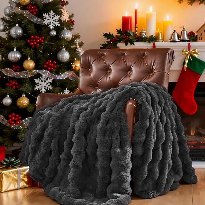 Lotus Karen Faux Fur Throw Blanket Dark Gray - Big Bubble Rabbit Fluff Blanket for Couch, Small Fluffy Fuzzy Cozy Blanket, Thick Furry Plush Shaggy Blankets, 50x60 Inches