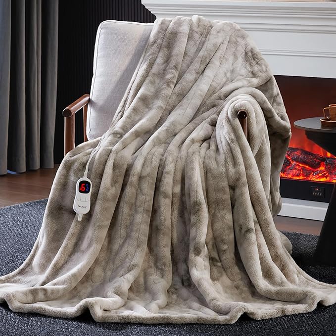 Guohaoi Heated Blanket Electric Throw, Soft Faux Rabbit Fur Electric Blanket with 10 Heating Levels 5 Sitting Timer Auto Off, Cozy Warm Heating Blankets, Machine Washable(50"×60" Light Grey)