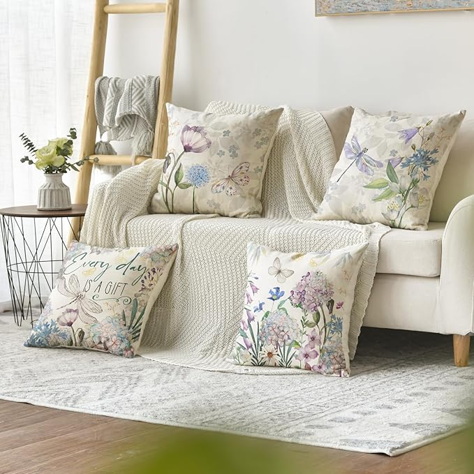 AVOIN colorlife Every Day is A Gift Hydrangea Throw Pillow Covers, 16 x 16 Inch Spring Summer Floral Butterfly Dragonfly Decoration Cushion Case for Home Sofa Couch Set of 4