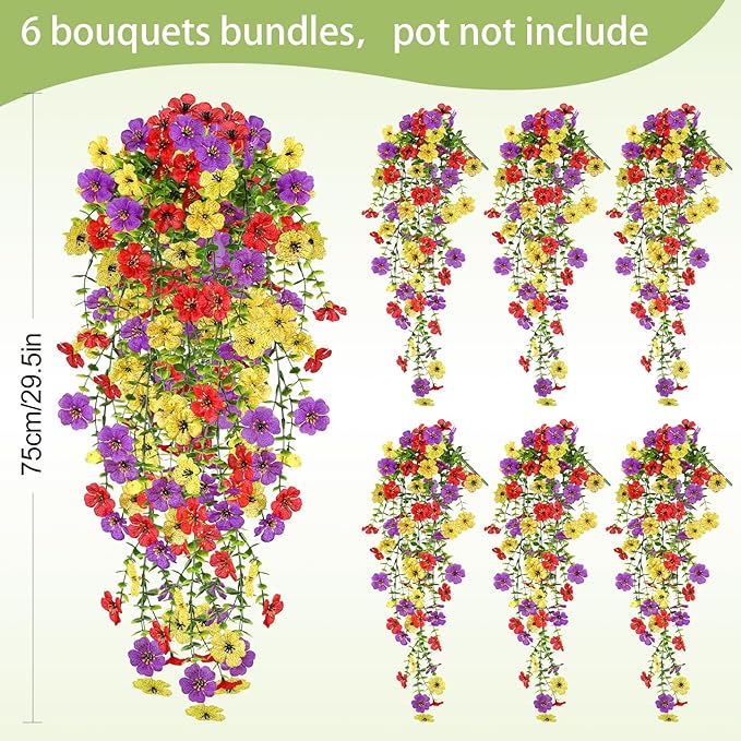 Artificial Flowers for Outdoors Spring Decor, 6 Bundles UV Resistant Realistic Fuax Silk Hanging Flowers, Fake Plants for Planter Indoor Outside Garden Porch Patio Balcony Yard Farmhouse（Mix）