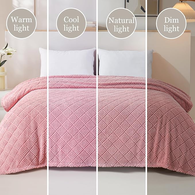 Whale Flotilla Fuzzy Fleece King Size Blanket for Bed, Soft Fluffy Jacquard Waffle Blankets for All Season, Lightweight and Warm, 90x104 Inch, Pink